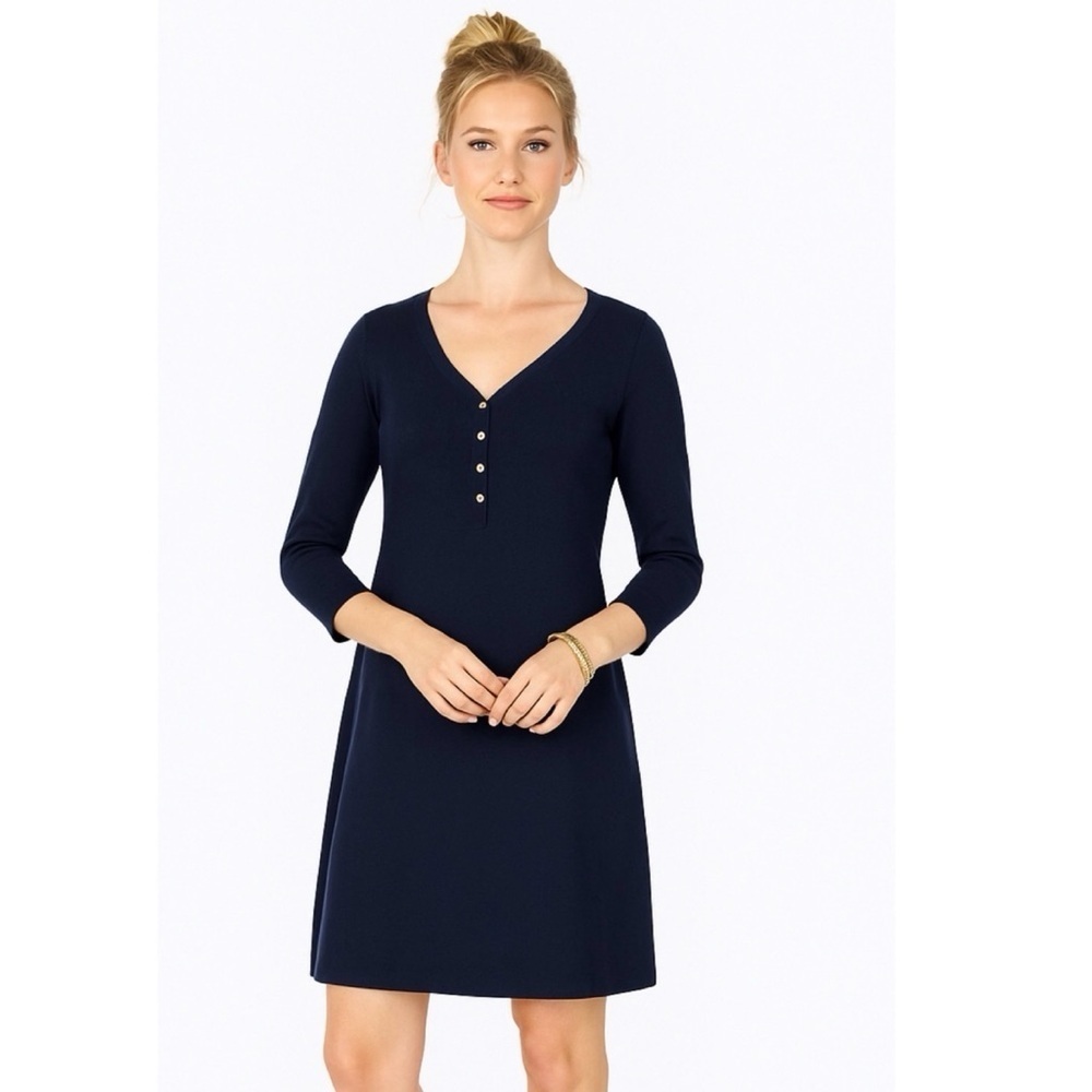 Lilly Pulitzer Navy Blue V-Neck Dress with Gold Buttons
